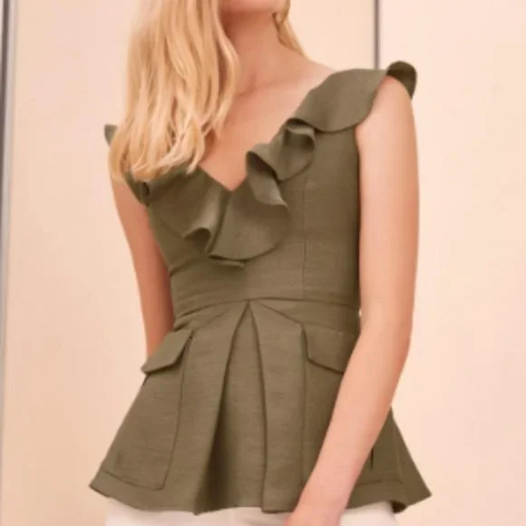 C/MEO Collective Ultirior Top Blouse Green Ruffle Double V-Neck Sleeveless XXS - Picture 2 of 11